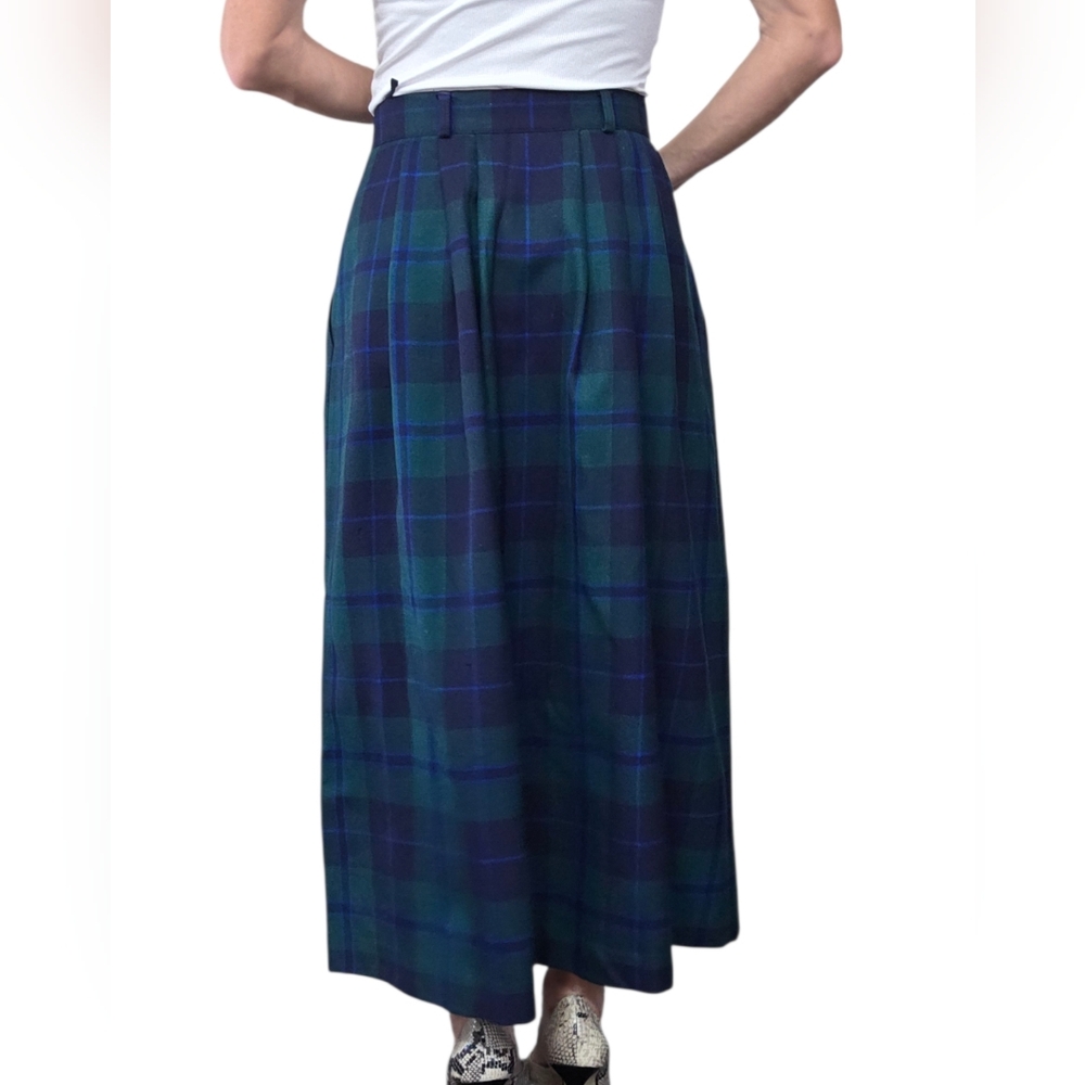 Vintage 90s Plaid Wool Midi Skirt Size 12 Green Tartan Button Front - Picture 2 of 11